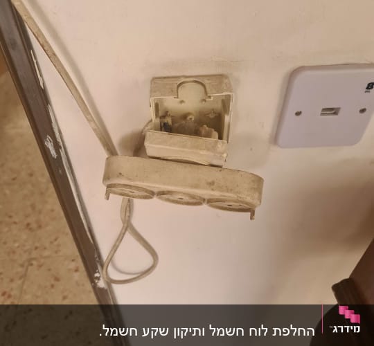 שקע חשמלי פתוח עם חוטים חשופים על הקיר